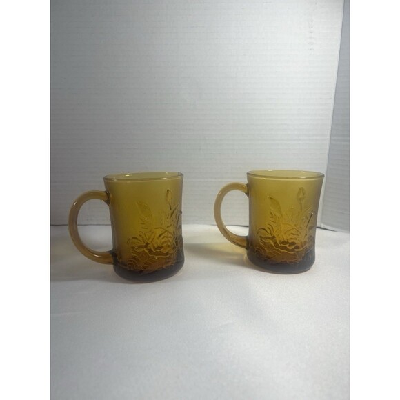RARE Vintage Amber Rose Glass Mugs Set 2 Indonesia Pasari Liva GB-1199 Gift Box - Picture 10 of 16